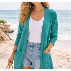 J Jill Open Front Knit Cardigan Duster XL Teal Green Blue Linen Blend Pockets